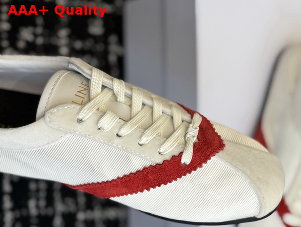 Celine The Flat Sneaker in Gros Grain Velvet Suede Calfskin and Lambskin White and Red Replica