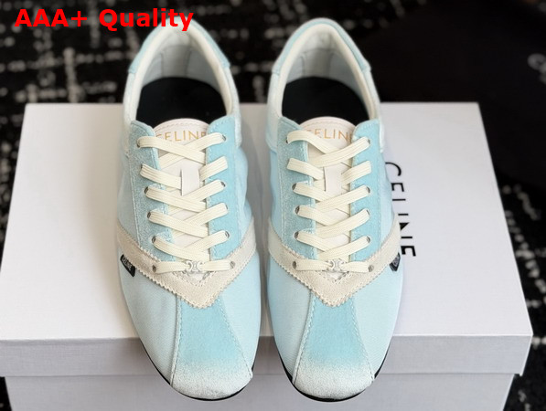 Celine The Flat Sneaker in Gros Grain Velvet Suede Goatskin and Lambskin Light Blue and Optic White Replica