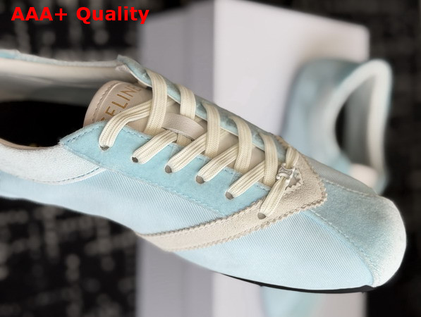 Celine The Flat Sneaker in Gros Grain Velvet Suede Goatskin and Lambskin Light Blue and Optic White Replica