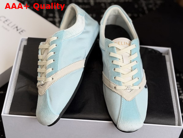 Celine The Flat Sneaker in Gros Grain Velvet Suede Goatskin and Lambskin Light Blue and Optic White Replica