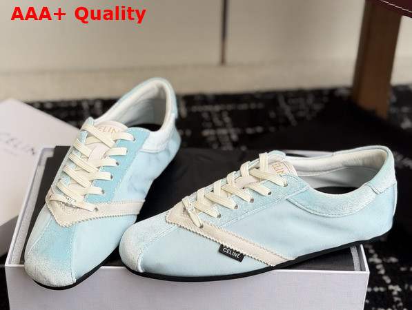 Celine The Flat Sneaker in Gros Grain Velvet Suede Goatskin and Lambskin Light Blue and Optic White Replica