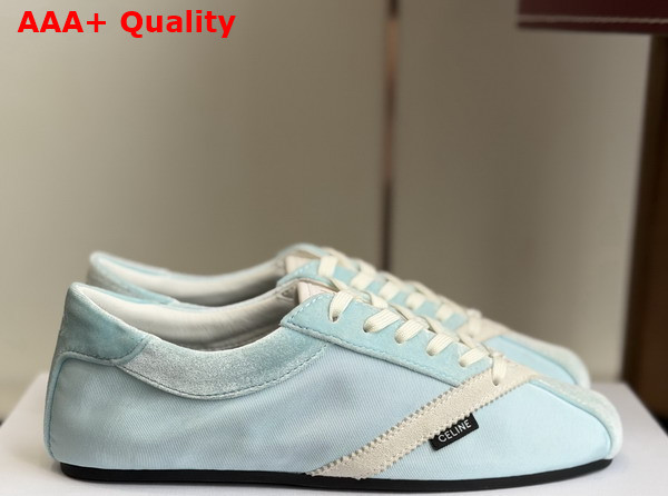 Celine The Flat Sneaker in Gros Grain Velvet Suede Goatskin and Lambskin Light Blue and Optic White Replica
