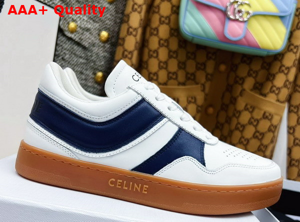 Celine Trainer Low Lace Up Sneaker in Calfskin Optic White Navy Blue Replica