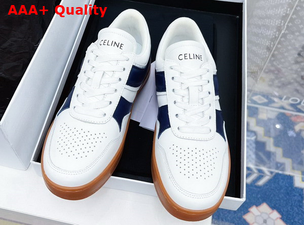 Celine Trainer Low Lace Up Sneaker in Calfskin Optic White Navy Blue Replica