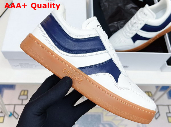 Celine Trainer Low Lace Up Sneaker in Calfskin Optic White Navy Blue Replica