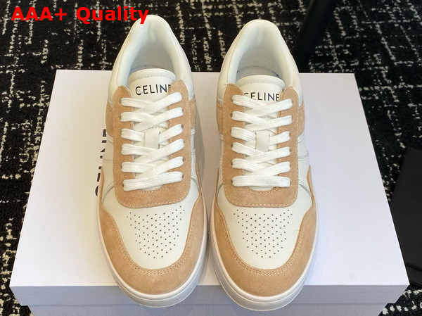 Celine Trainer Low Lace Up Sneaker in Calfskin and Suede White and Beige Replica