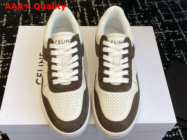 Celine Trainer Low Lace Up Sneaker in Calfskin and Suede White and Brown Replica