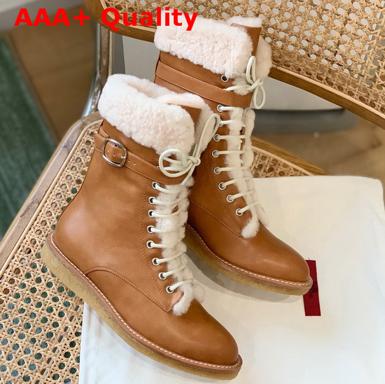 Celine Winter Ankle Boots in Tan Calfskin with Lamb Shearling Replica