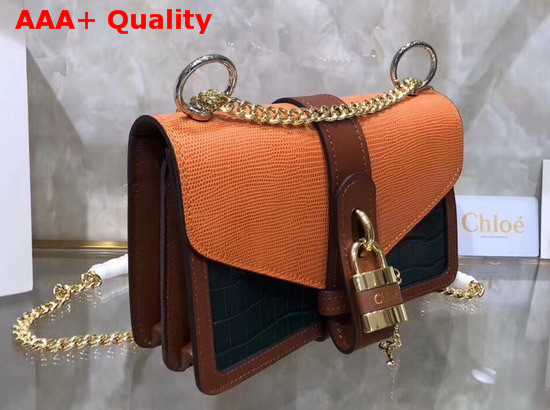 Chloe Aby Chain Shoulder Bag in Embossed Croco Effect and Lizard Effect on Calfskin Green and Orange Replica