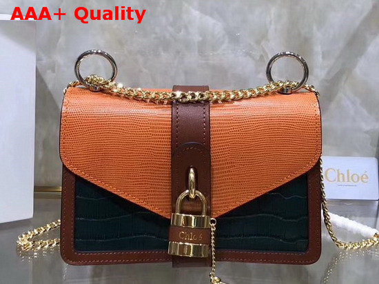 Chloe Aby Chain Shoulder Bag in Embossed Croco Effect and Lizard Effect on Calfskin Green and Orange Replica