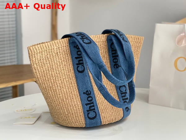Chloe Large Woody Basket in Fair Trade Paper Calfskin and Deadstock Denim with Chloe Logo Embroidery Replica