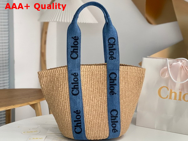 Chloe Large Woody Basket in Fair Trade Paper Calfskin and Deadstock Denim with Chloe Logo Embroidery Replica