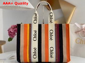 Chloe Large Woody Tote Bag Striped Cotton Canvas and Shiny Calfskin Brown Multicolour Replica