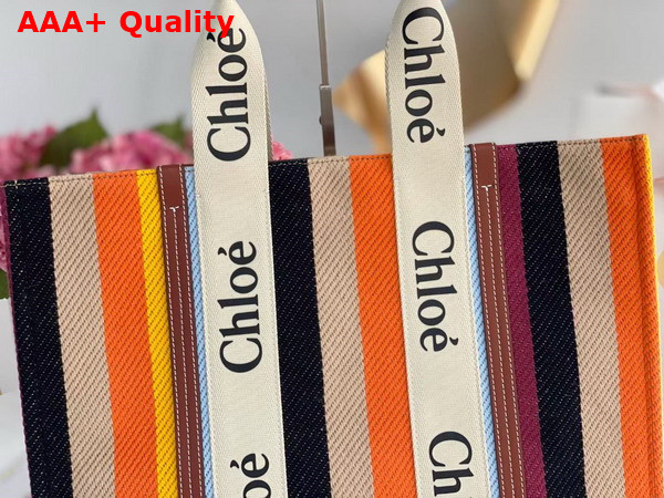 Chloe Large Woody Tote Bag Striped Cotton Canvas and Shiny Calfskin Brown Multicolour Replica