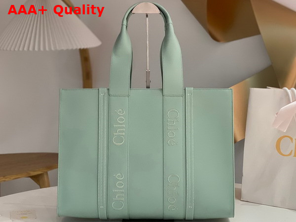 Chloe Large Woody Tote Bag in Bay Green Smooth Calfskin with Chloe Logo Replica