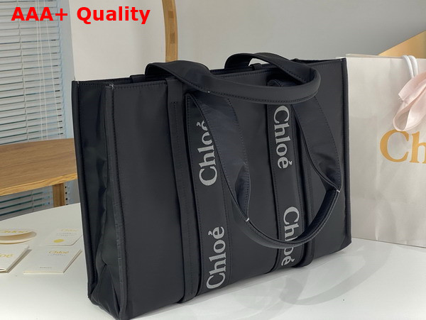 Chloe Large Woody Tote Bag in Black Recycled Nylon with Chloe Logo Replica