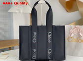 Chloe Large Woody Tote Bag in Black Recycled Nylon with Chloe Logo Replica