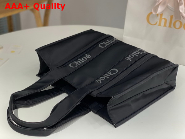 Chloe Large Woody Tote Bag in Black Recycled Nylon with Chloe Logo Replica