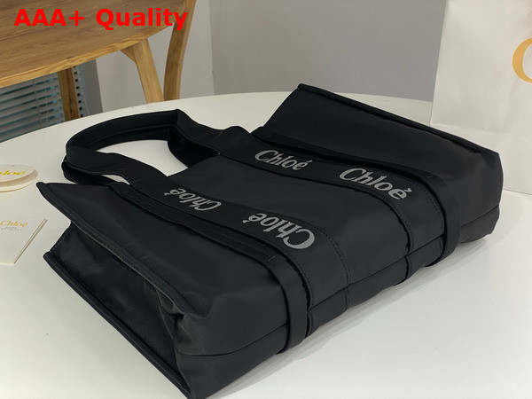 Chloe Large Woody Tote Bag in Black Recycled Nylon with Chloe Logo Replica