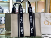 Chloe Large Woody Tote Bag in Cotton Canvas and Shiny Calfskin with Woody Ribbon Black and Blue Replica