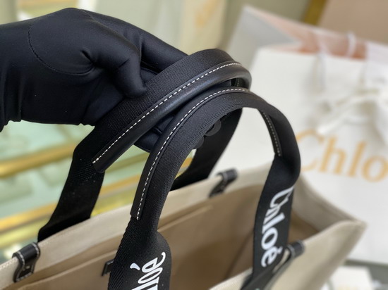 Chloe Large Woody Tote Bag in Cotton Canvas and Shiny Calfskin with Woody Ribbon Black and Blue Replica
