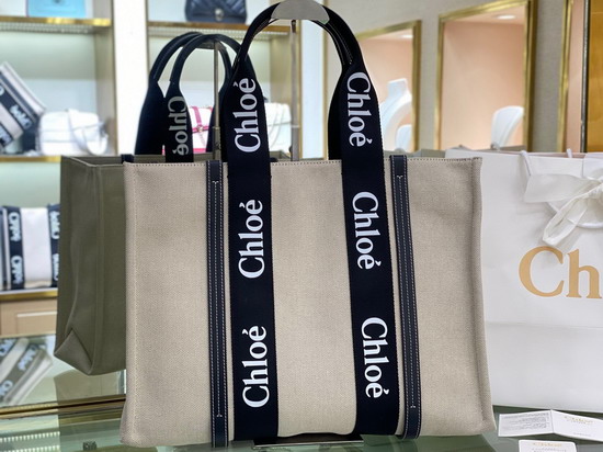 Chloe Large Woody Tote Bag in Cotton Canvas and Shiny Calfskin with Woody Ribbon Black and Blue Replica