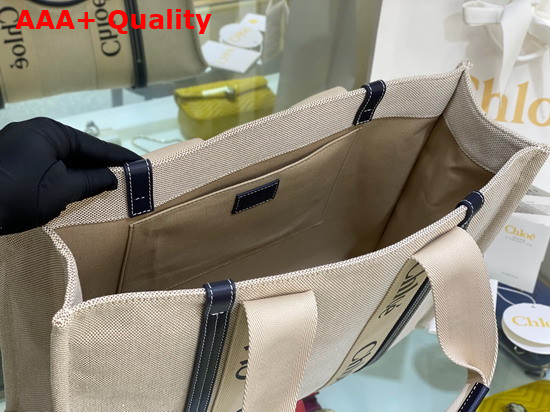 Chloe Large Woody Tote Bag in Cotton Canvas and Shiny Calfskin with Woody Ribbon White and Full Blue Replica