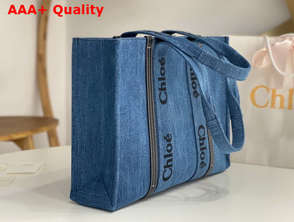 Chloe Large Woody Tote Bag in Deadstock Denim and Shiny Calfskin with Chloe Logo Embroidery Replica