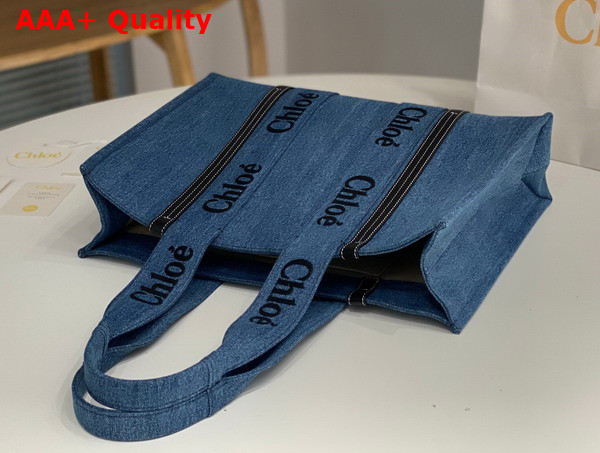 Chloe Large Woody Tote Bag in Deadstock Denim and Shiny Calfskin with Chloe Logo Embroidery Replica