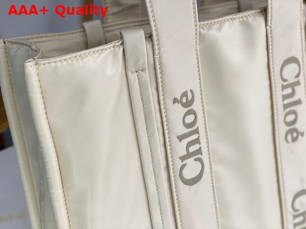 Chloe Large Woody Tote Bag in Dusty Ivory Recycled Nylon with Chloe Logo Replica