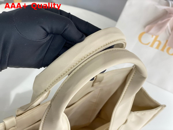 Chloe Large Woody Tote Bag in Dusty Ivory Recycled Nylon with Chloe Logo Replica