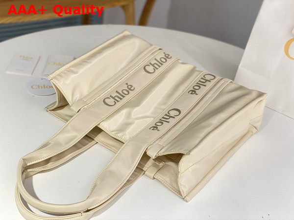 Chloe Large Woody Tote Bag in Dusty Ivory Recycled Nylon with Chloe Logo Replica