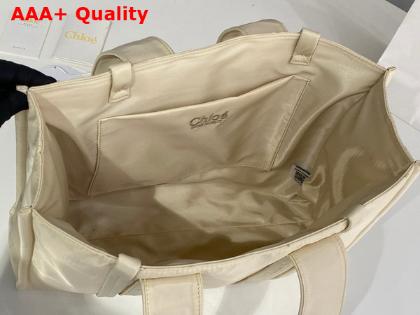 Chloe Large Woody Tote Bag in Dusty Ivory Recycled Nylon with Chloe Logo Replica