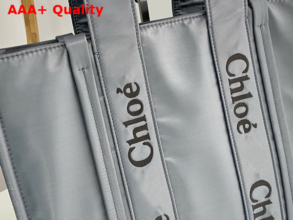 Chloe Large Woody Tote Bag in Elephant Grey Recycled Nylon with Chloe Logo Replica