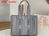 Chloe Large Woody Tote Bag in Elephant Grey Recycled Nylon with Chloe Logo Replica