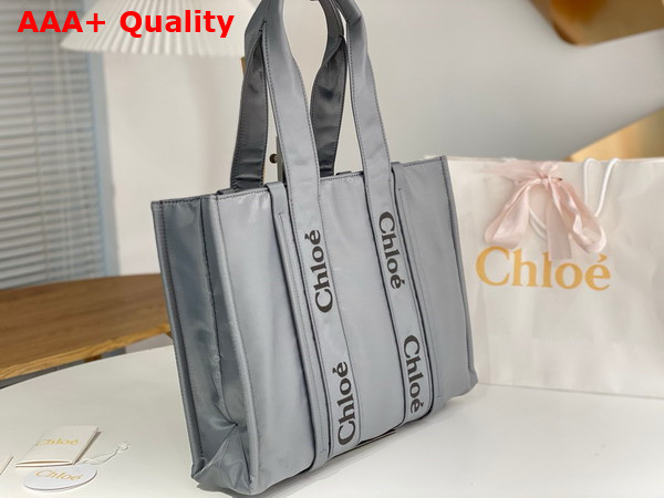 Chloe Large Woody Tote Bag in Elephant Grey Recycled Nylon with Chloe Logo Replica
