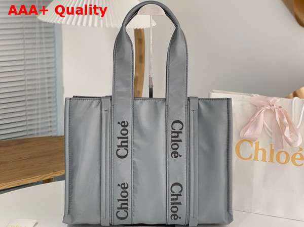 Chloe Large Woody Tote Bag in Elephant Grey Recycled Nylon with Chloe Logo Replica