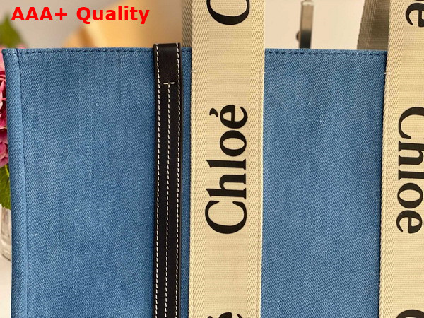 Chloe Large Woody Tote Bag in Light Blue Denim and Black Shiny Calfskin with Woody Ribbon Replica