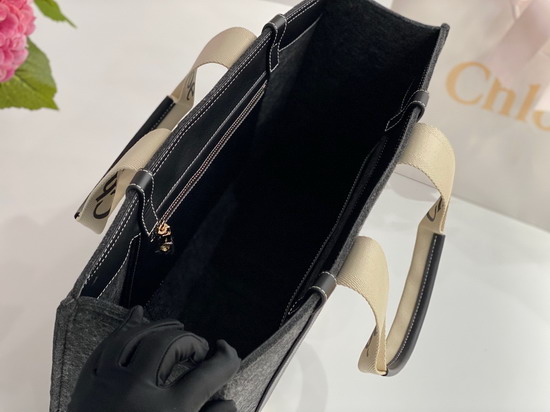 Chloe Large Woody Tote Bag in Recycled Felt and Shiny Calfskin with Woody Ribbon Cashmere Grey Replica