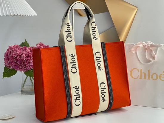 Chloe Large Woody Tote Bag in Recycled Felt and Shiny Calfskin with Woody Ribbon Flame Orange Replica