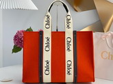Chloe Large Woody Tote Bag in Recycled Felt and Shiny Calfskin with Woody Ribbon Flame Orange Replica