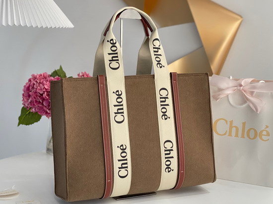Chloe Large Woody Tote Bag in Recycled Felt and Shiny Calfskin with Woody Ribbon Light Brown Replica