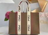 Chloe Large Woody Tote Bag in Recycled Felt and Shiny Calfskin with Woody Ribbon Light Brown Replica