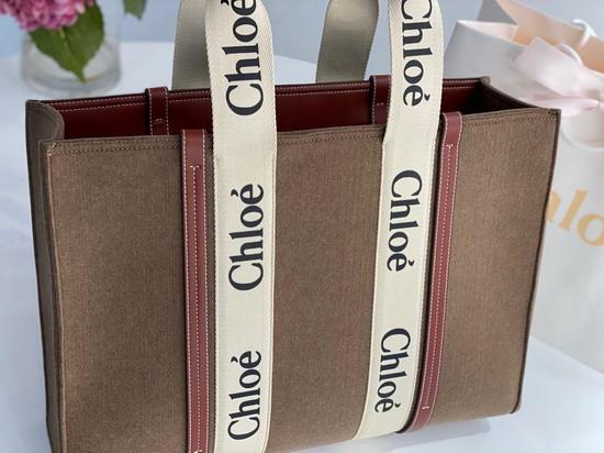 Chloe Large Woody Tote Bag in Recycled Felt and Shiny Calfskin with Woody Ribbon Light Brown Replica