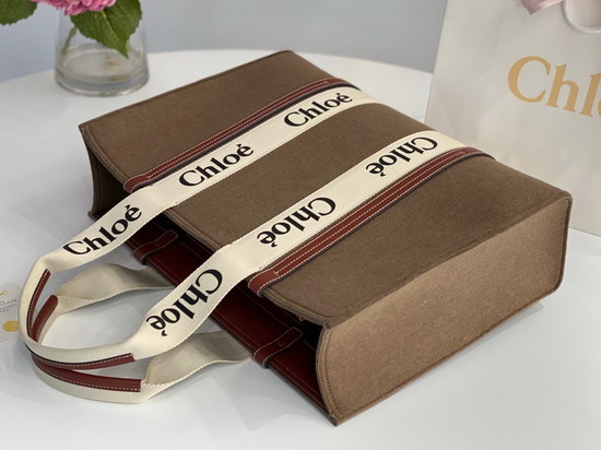 Chloe Large Woody Tote Bag in Recycled Felt and Shiny Calfskin with Woody Ribbon Light Brown Replica