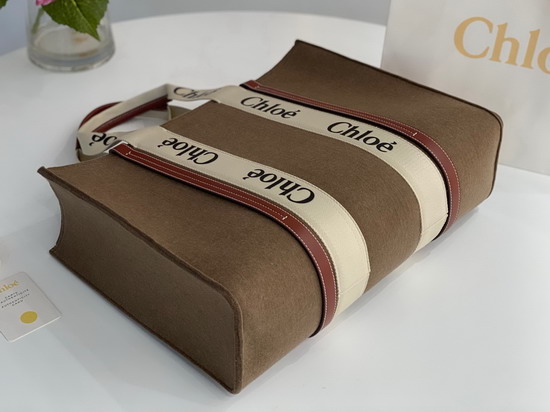 Chloe Large Woody Tote Bag in Recycled Felt and Shiny Calfskin with Woody Ribbon Light Brown Replica