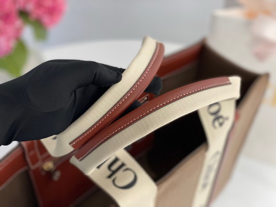 Chloe Large Woody Tote Bag in Recycled Felt and Shiny Calfskin with Woody Ribbon Light Brown Replica
