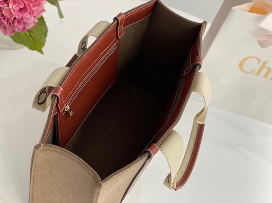 Chloe Large Woody Tote Bag in Recycled Felt and Shiny Calfskin with Woody Ribbon Light Brown Replica