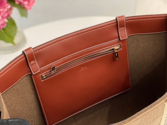 Chloe Large Woody Tote Bag in Recycled Felt and Shiny Calfskin with Woody Ribbon Light Brown Replica