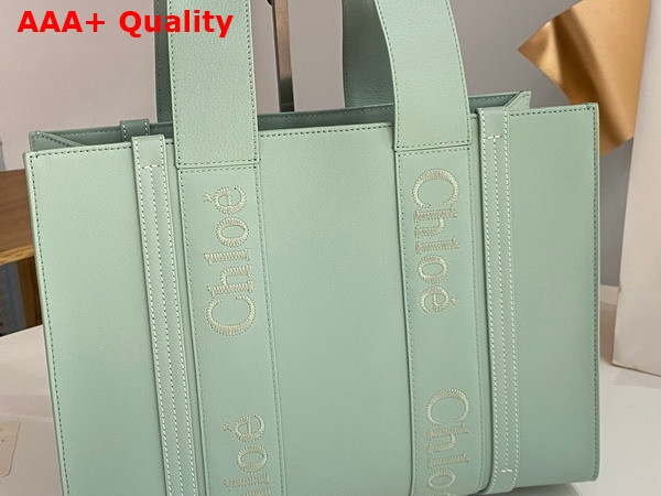 Chloe Medium Woody Tote Bag in Bay Green Smooth Calfskin with Chloe Logo Replica